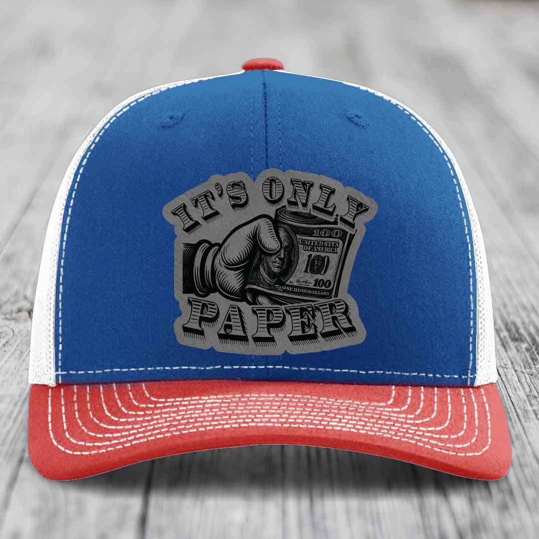 Its Only Paper - Leather Patch Hat - Grey to Black Patch - Richardson 112 Snapback Trucker Hat