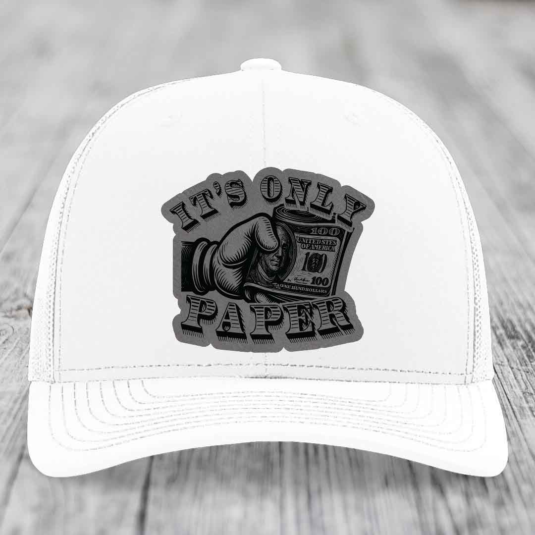 Its Only Paper - Leather Patch Hat - Grey to Black Patch - Richardson 112 Snapback Trucker Hat