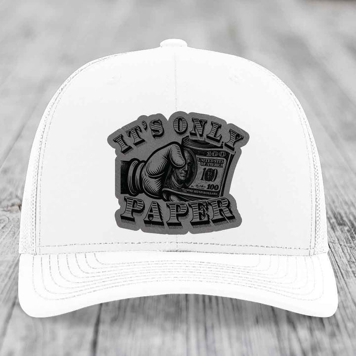 Its Only Paper - Leather Patch Hat - Grey to Black Patch - Richardson 112 Snapback Trucker Hat
