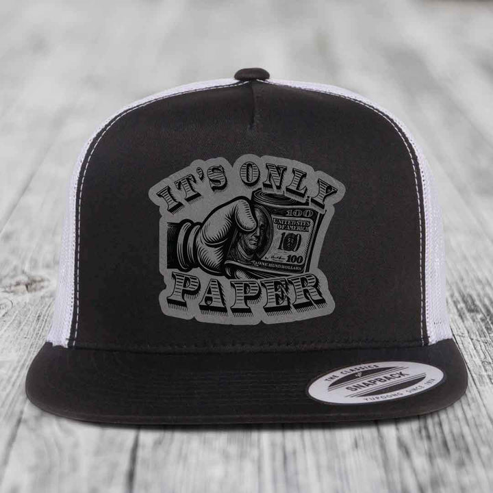 Its Only Paper - Leather Patch Hat - Grey to Black Patch - Yupoong 6006 Snapback Flatbill Hat