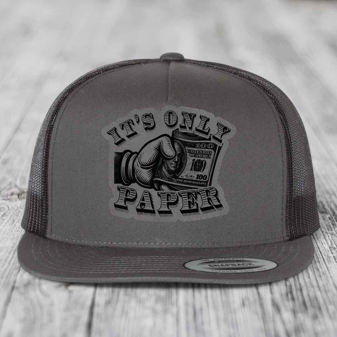 Its Only Paper - Leather Patch Hat - Grey to Black Patch - Yupoong 6006 Snapback Flatbill Hat