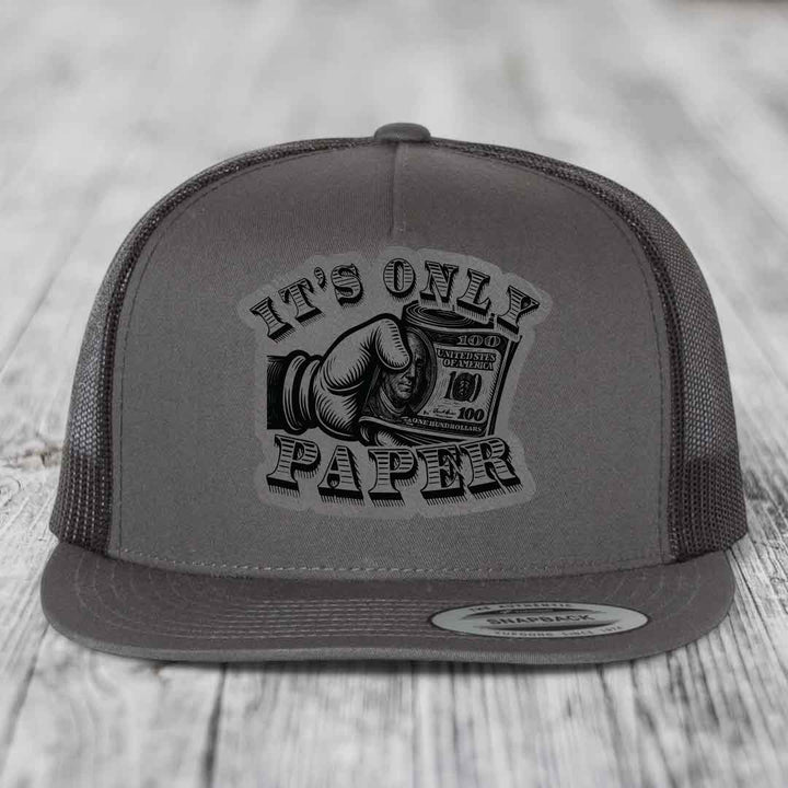 Its Only Paper - Leather Patch Hat - Grey to Black Patch - Yupoong 6006 Snapback Flatbill Hat