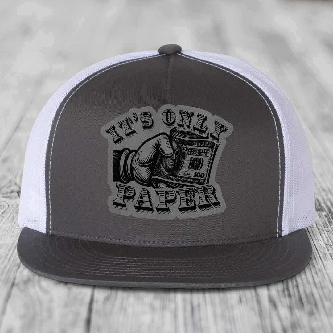 Its Only Paper - Leather Patch Hat - Grey to Black Patch - Yupoong 6006 Snapback Flatbill Hat