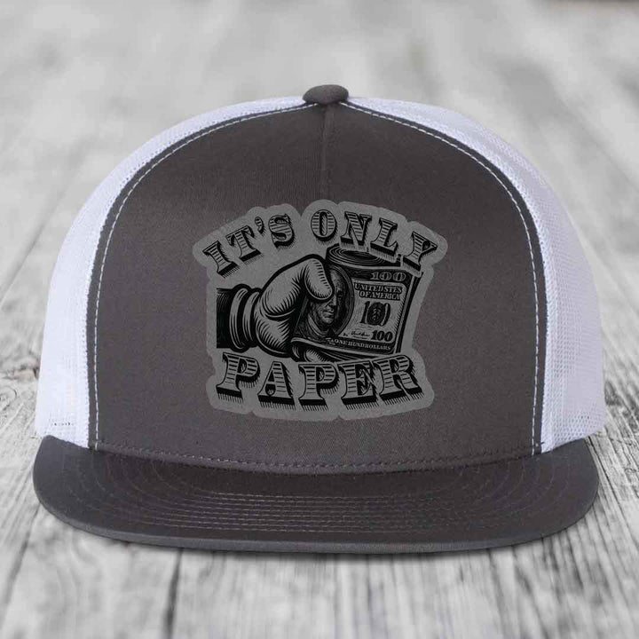 Its Only Paper - Leather Patch Hat - Grey to Black Patch - Yupoong 6006 Snapback Flatbill Hat