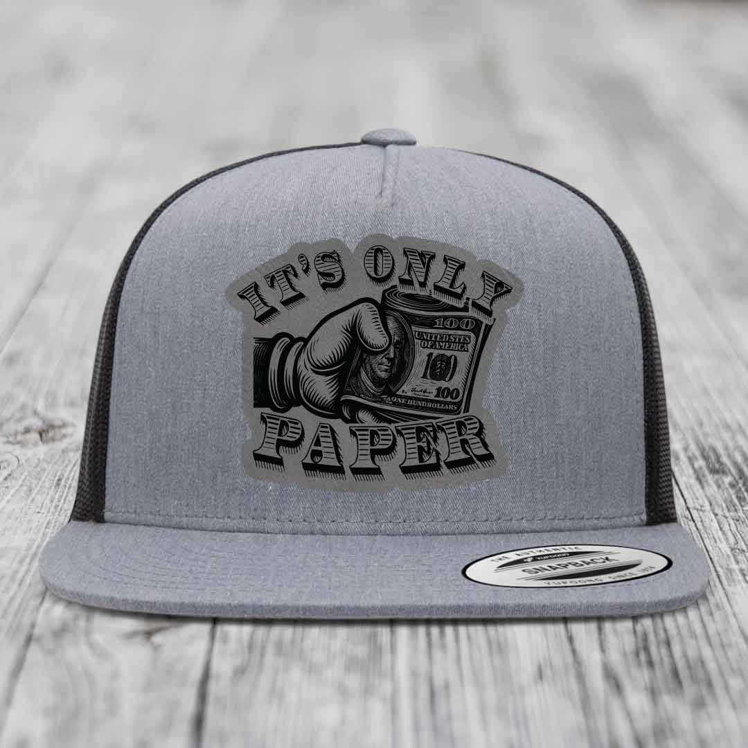 Its Only Paper - Leather Patch Hat - Grey to Black Patch - Yupoong 6006 Snapback Flatbill Hat