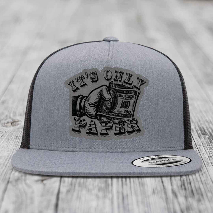 Its Only Paper - Leather Patch Hat - Grey to Black Patch - Yupoong 6006 Snapback Flatbill Hat