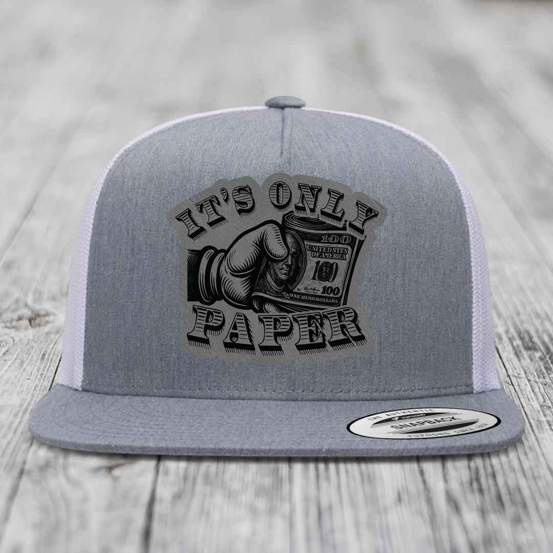 Its Only Paper - Leather Patch Hat - Grey to Black Patch - Yupoong 6006 Snapback Flatbill Hat