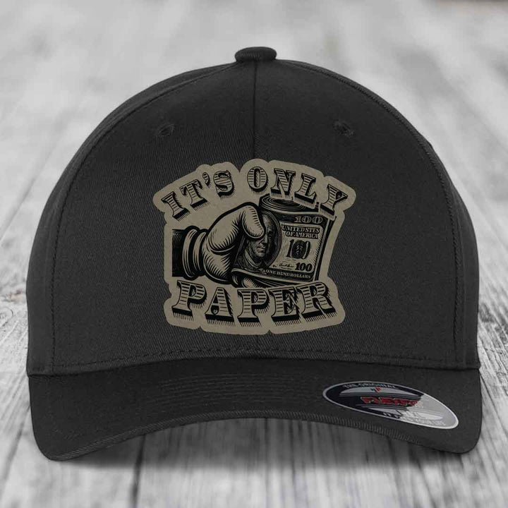 Its Only Paper - Leather Patch Hat - Light Brown to Black Patch - Flexfit 6277 Fitted Hat