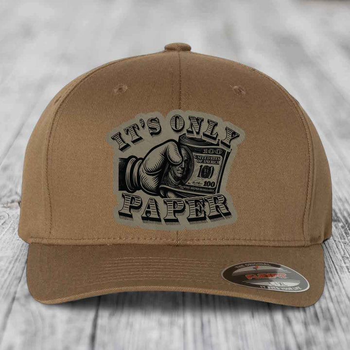 Its Only Paper - Leather Patch Hat - Light Brown to Black Patch - Flexfit 6277 Fitted Hat