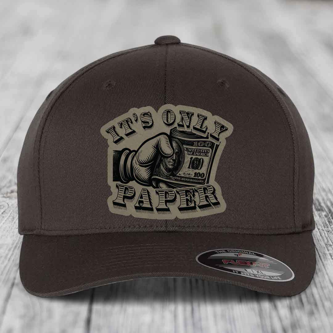 Its Only Paper - Leather Patch Hat - Light Brown to Black Patch - Flexfit 6277 Fitted Hat