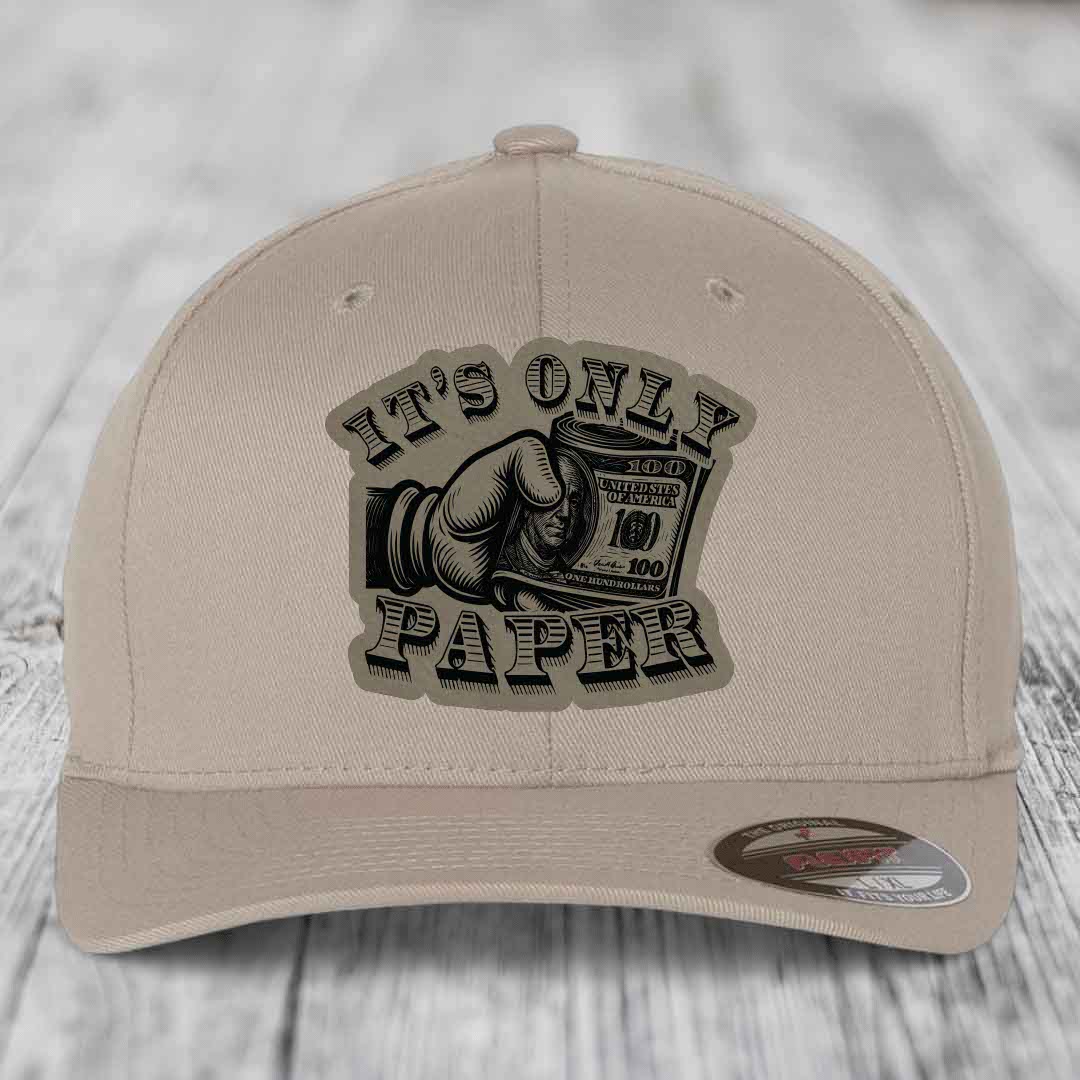 Its Only Paper - Leather Patch Hat - Light Brown to Black Patch - Flexfit 6277 Fitted Hat