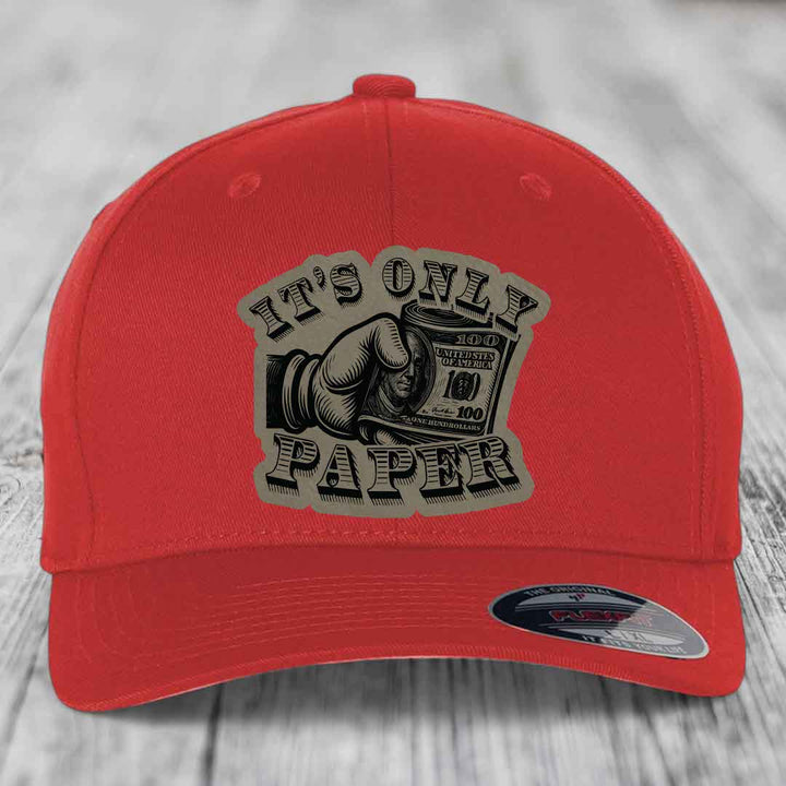 Its Only Paper - Leather Patch Hat - Light Brown to Black Patch - Flexfit 6277 Fitted Hat
