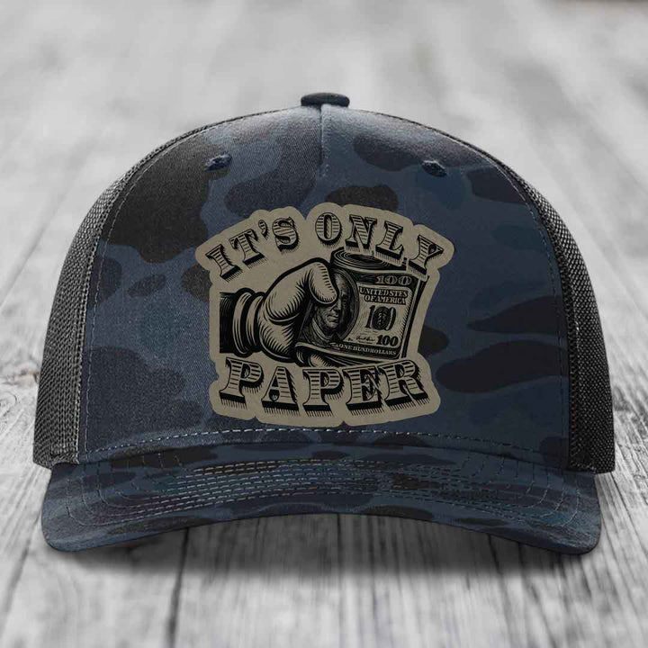 Its Only Paper - Leather Patch Hat - Light Brown to Black Patch - Richardson 112PFP Snapback Trucker Hat