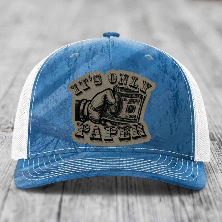 Its Only Paper - Leather Patch Hat - Light Brown to Black Patch - Richardson 112PFP Snapback Trucker Hat