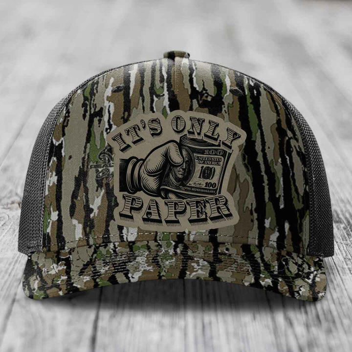 Its Only Paper - Leather Patch Hat - Light Brown to Black Patch - Richardson 112PFP Snapback Trucker Hat