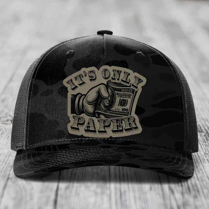 Its Only Paper - Leather Patch Hat - Light Brown to Black Patch - Richardson 112PFP Snapback Trucker Hat