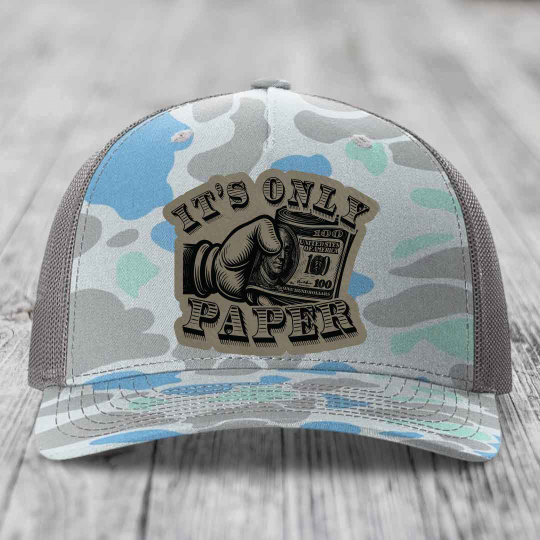 Its Only Paper - Leather Patch Hat - Light Brown to Black Patch - Richardson 112PFP Snapback Trucker Hat