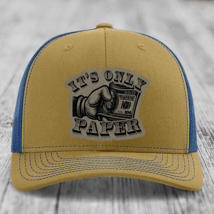 Its Only Paper - Leather Patch Hat - Light Brown to Black Patch - Richardson 112 Snapback Trucker Hat