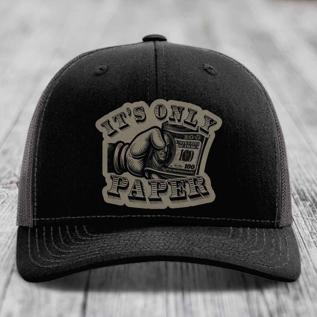 Its Only Paper - Leather Patch Hat - Light Brown to Black Patch - Richardson 112 Snapback Trucker Hat