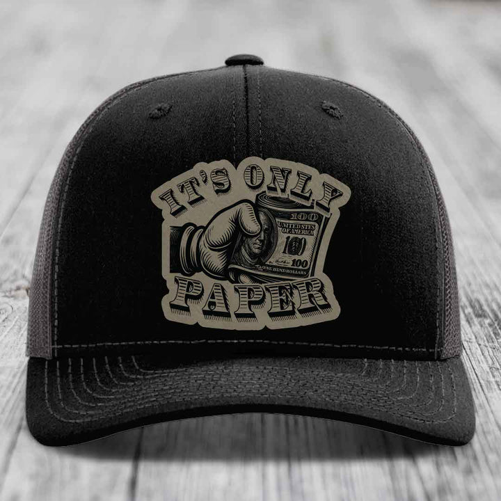 Its Only Paper - Leather Patch Hat - Light Brown to Black Patch - Richardson 112 Snapback Trucker Hat