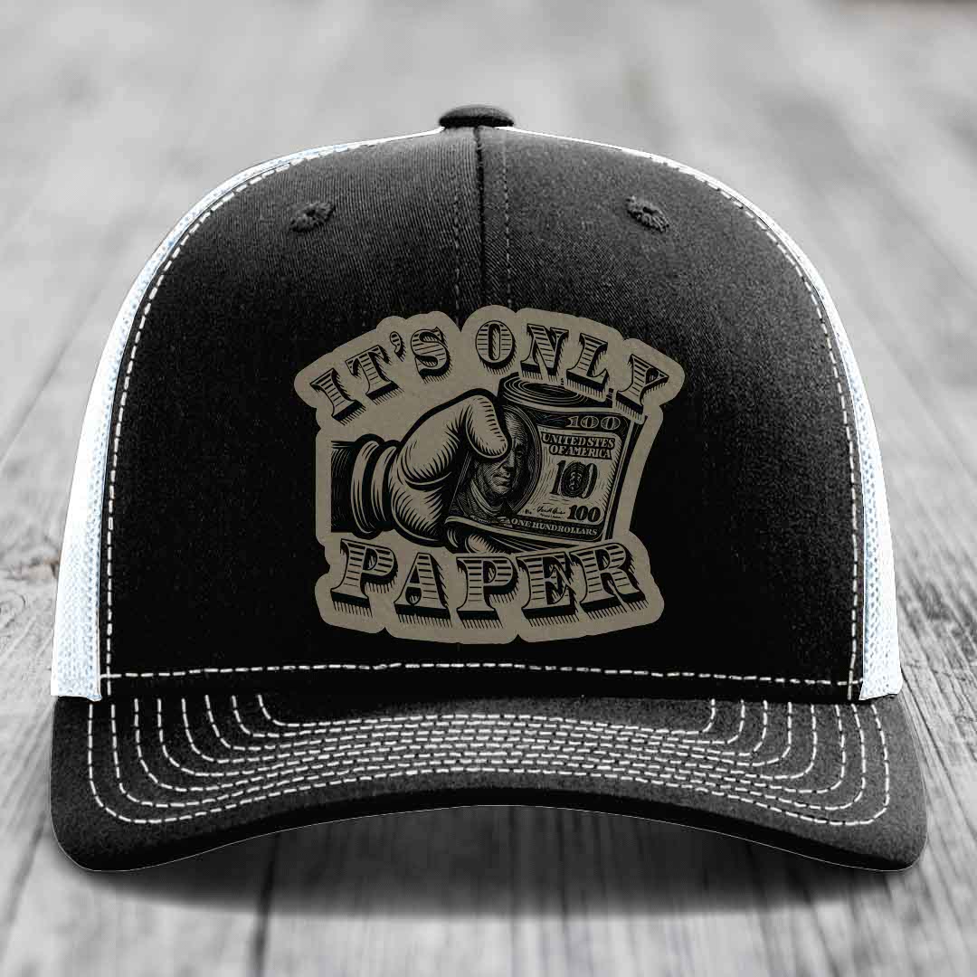 Its Only Paper - Leather Patch Hat - Light Brown to Black Patch - Richardson 112 Snapback Trucker Hat