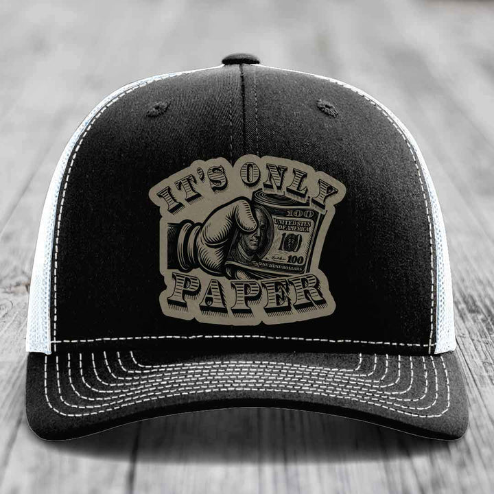 Its Only Paper - Leather Patch Hat - Light Brown to Black Patch - Richardson 112 Snapback Trucker Hat
