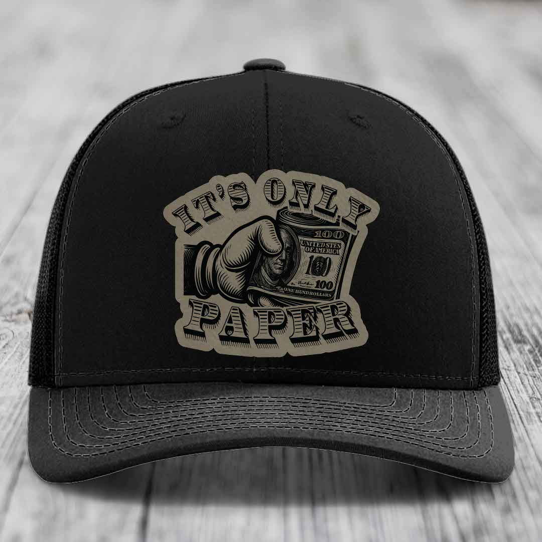 Its Only Paper - Leather Patch Hat - Light Brown to Black Patch - Richardson 112 Snapback Trucker Hat