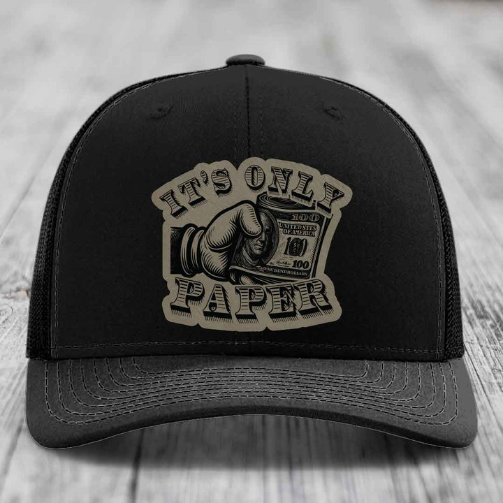 Its Only Paper - Leather Patch Hat - Light Brown to Black Patch - Richardson 112 Snapback Trucker Hat