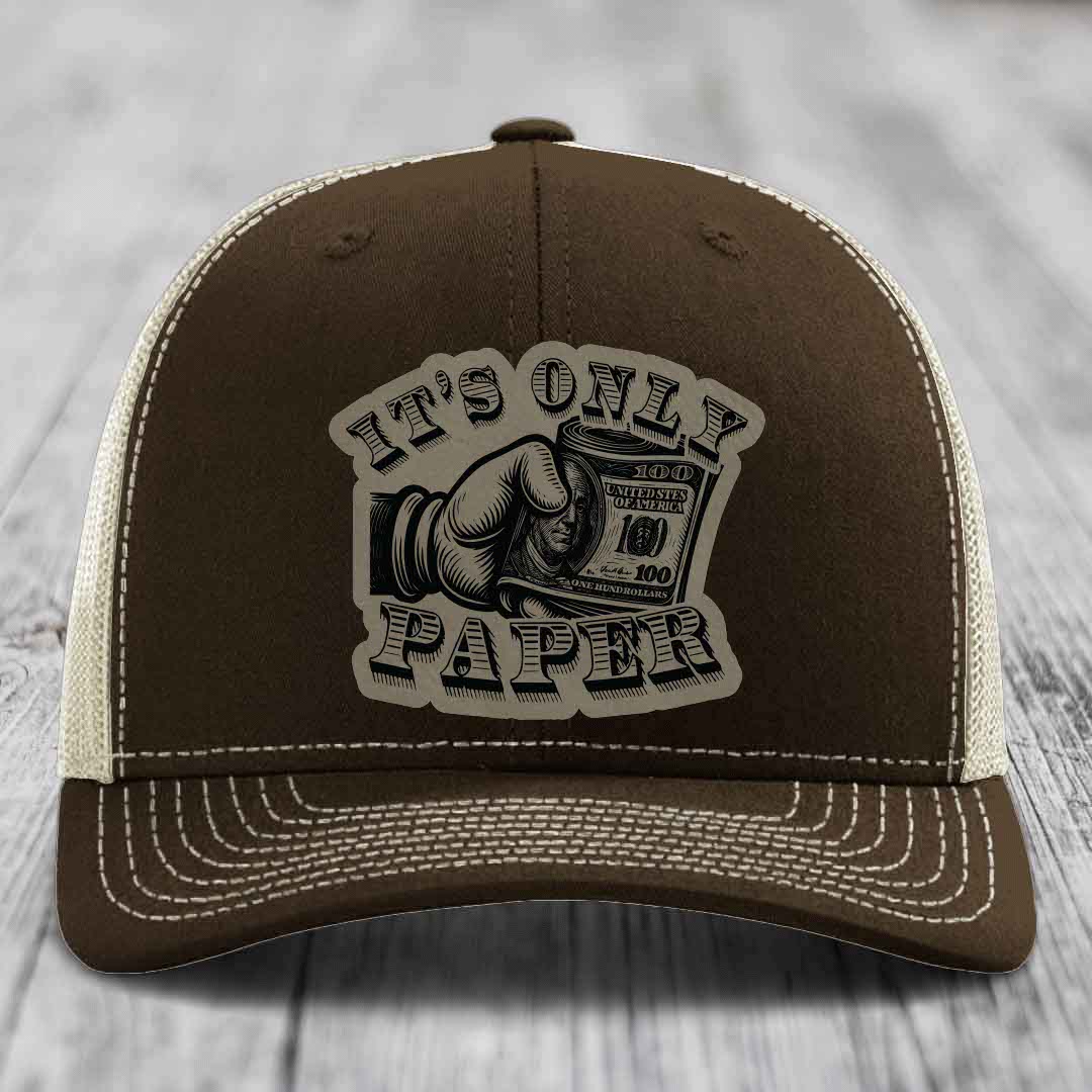 Its Only Paper - Leather Patch Hat - Light Brown to Black Patch - Richardson 112 Snapback Trucker Hat