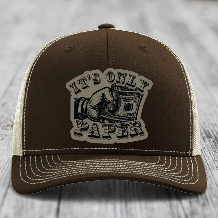 Its Only Paper - Leather Patch Hat - Light Brown to Black Patch - Richardson 112 Snapback Trucker Hat