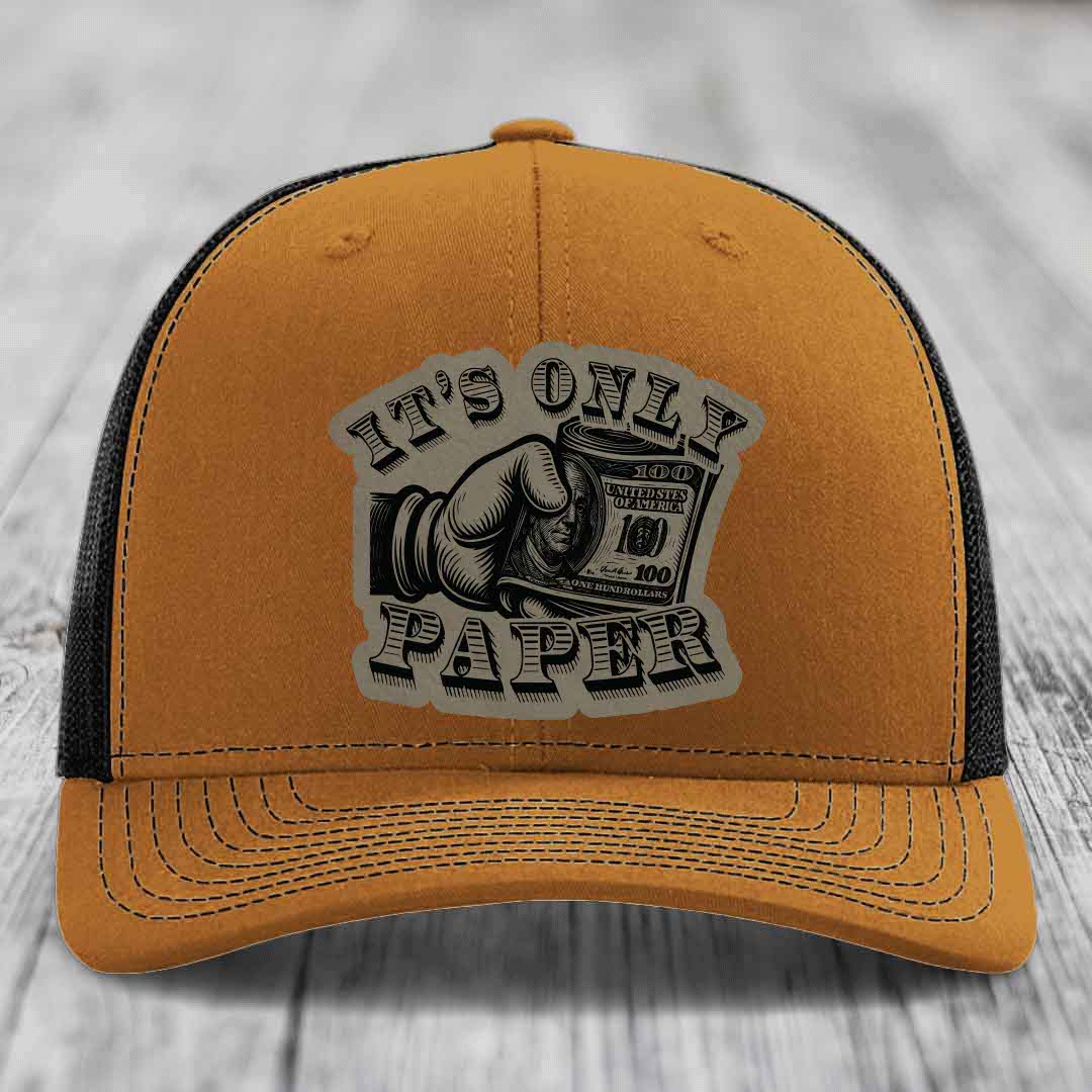 Its Only Paper - Leather Patch Hat - Light Brown to Black Patch - Richardson 112 Snapback Trucker Hat