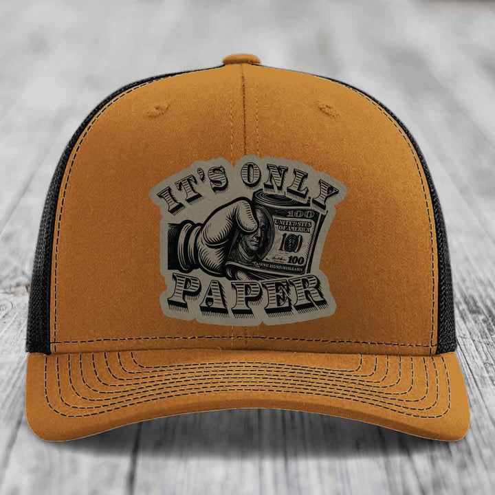 Its Only Paper - Leather Patch Hat - Light Brown to Black Patch - Richardson 112 Snapback Trucker Hat