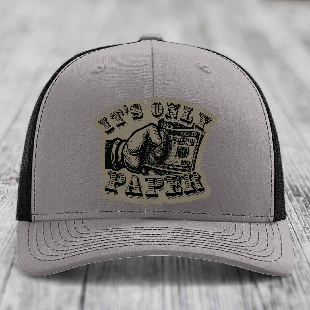 Its Only Paper - Leather Patch Hat - Light Brown to Black Patch - Richardson 112 Snapback Trucker Hat