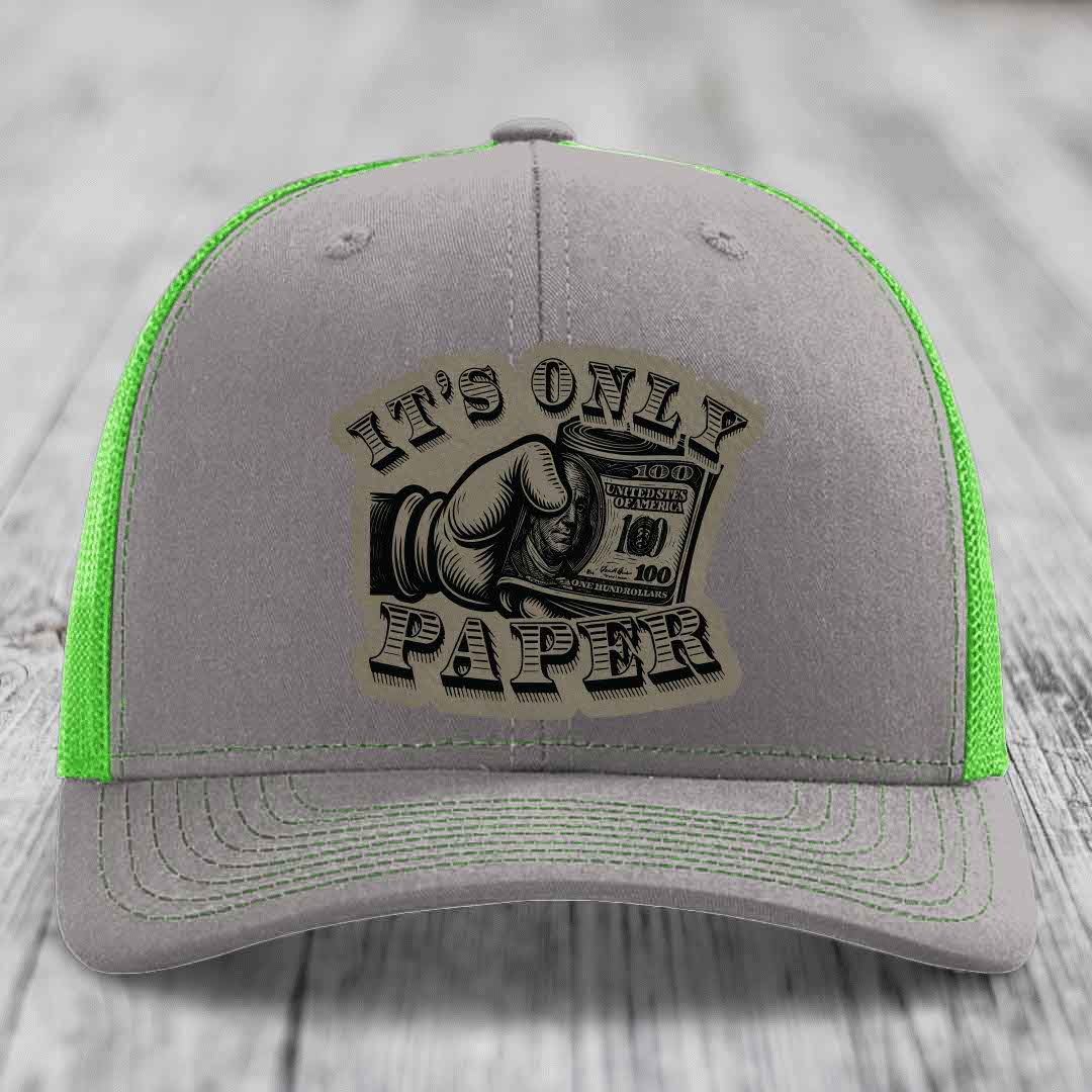 Its Only Paper - Leather Patch Hat - Light Brown to Black Patch - Richardson 112 Snapback Trucker Hat