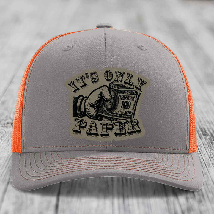 Its Only Paper - Leather Patch Hat - Light Brown to Black Patch - Richardson 112 Snapback Trucker Hat