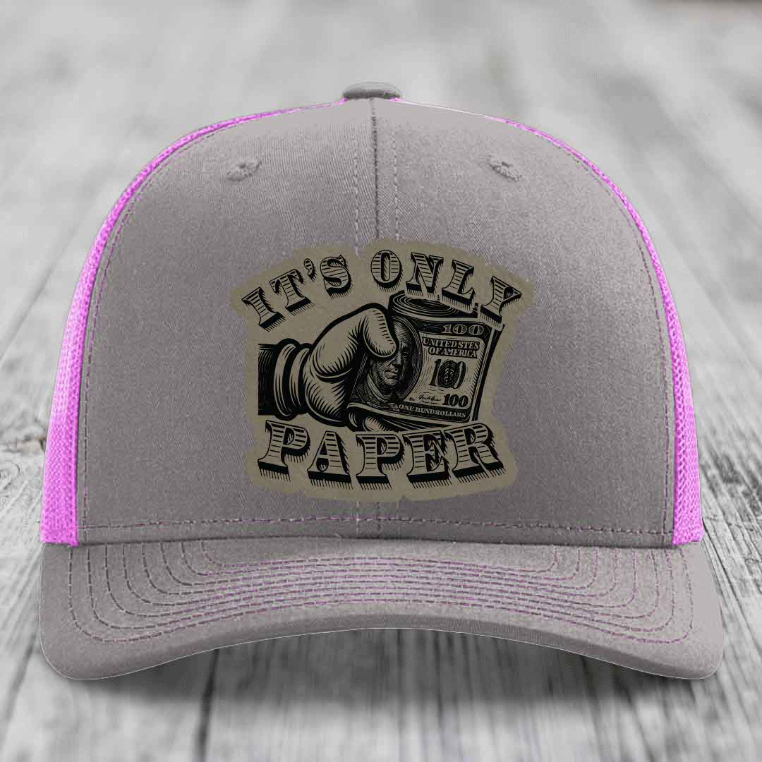 Its Only Paper - Leather Patch Hat - Light Brown to Black Patch - Richardson 112 Snapback Trucker Hat