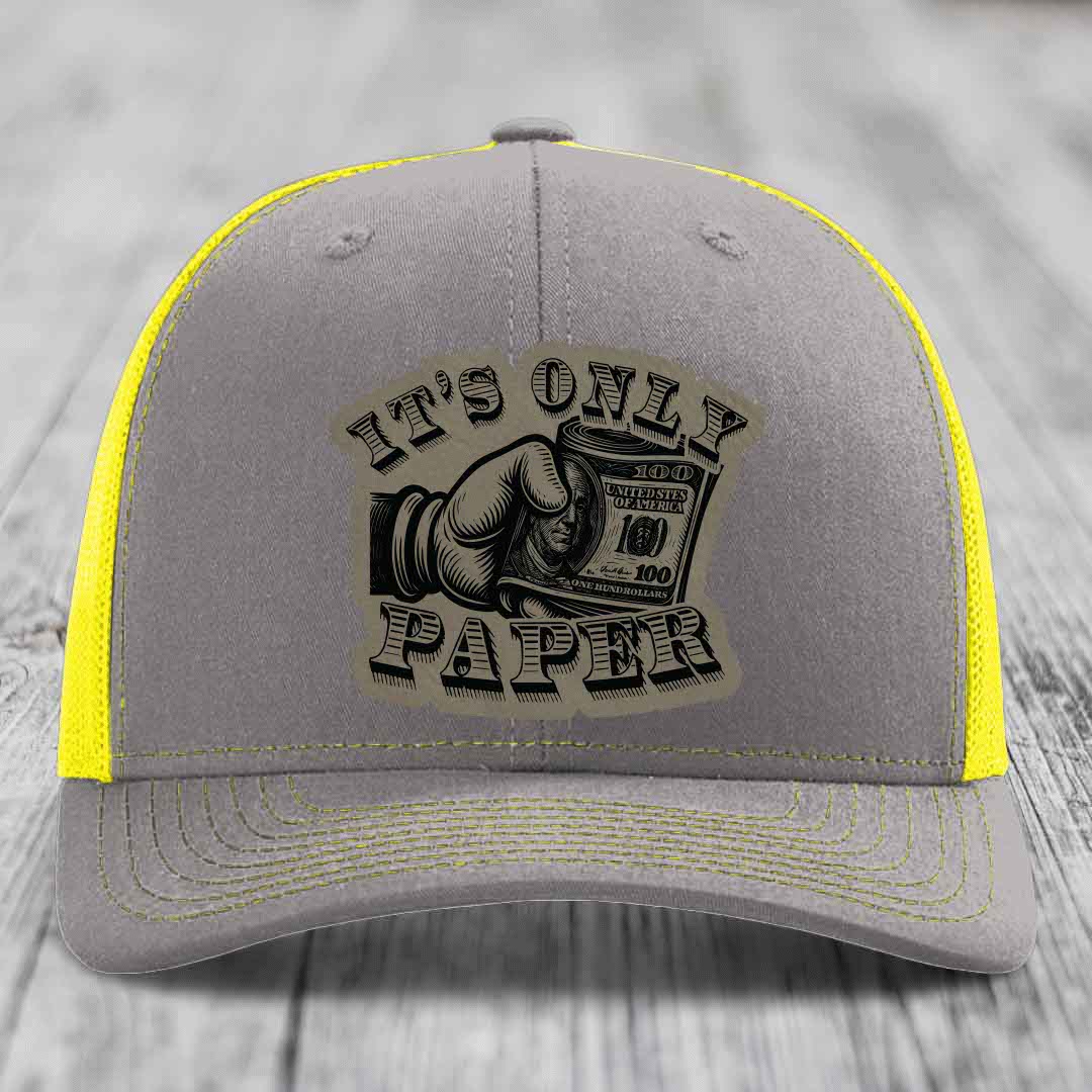 Its Only Paper - Leather Patch Hat - Light Brown to Black Patch - Richardson 112 Snapback Trucker Hat