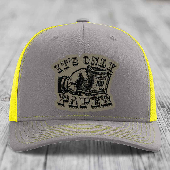 Its Only Paper - Leather Patch Hat - Light Brown to Black Patch - Richardson 112 Snapback Trucker Hat