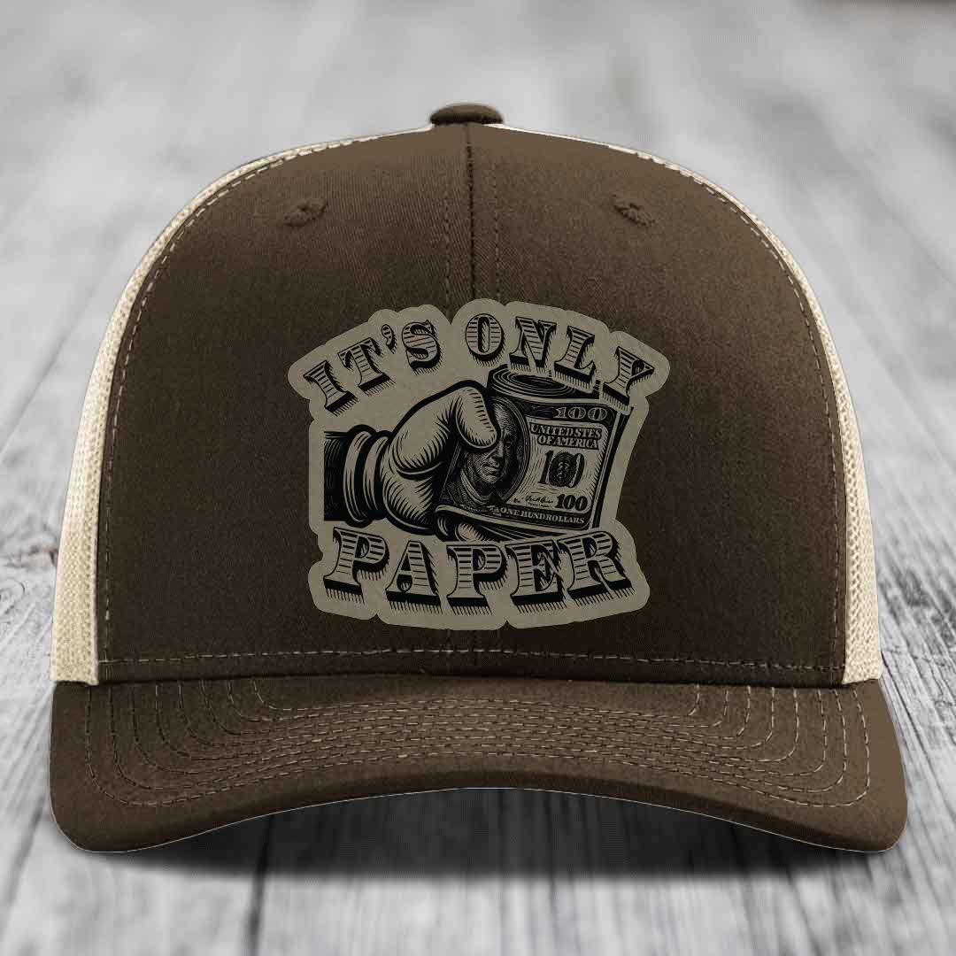 Its Only Paper - Leather Patch Hat - Light Brown to Black Patch - Richardson 112 Snapback Trucker Hat
