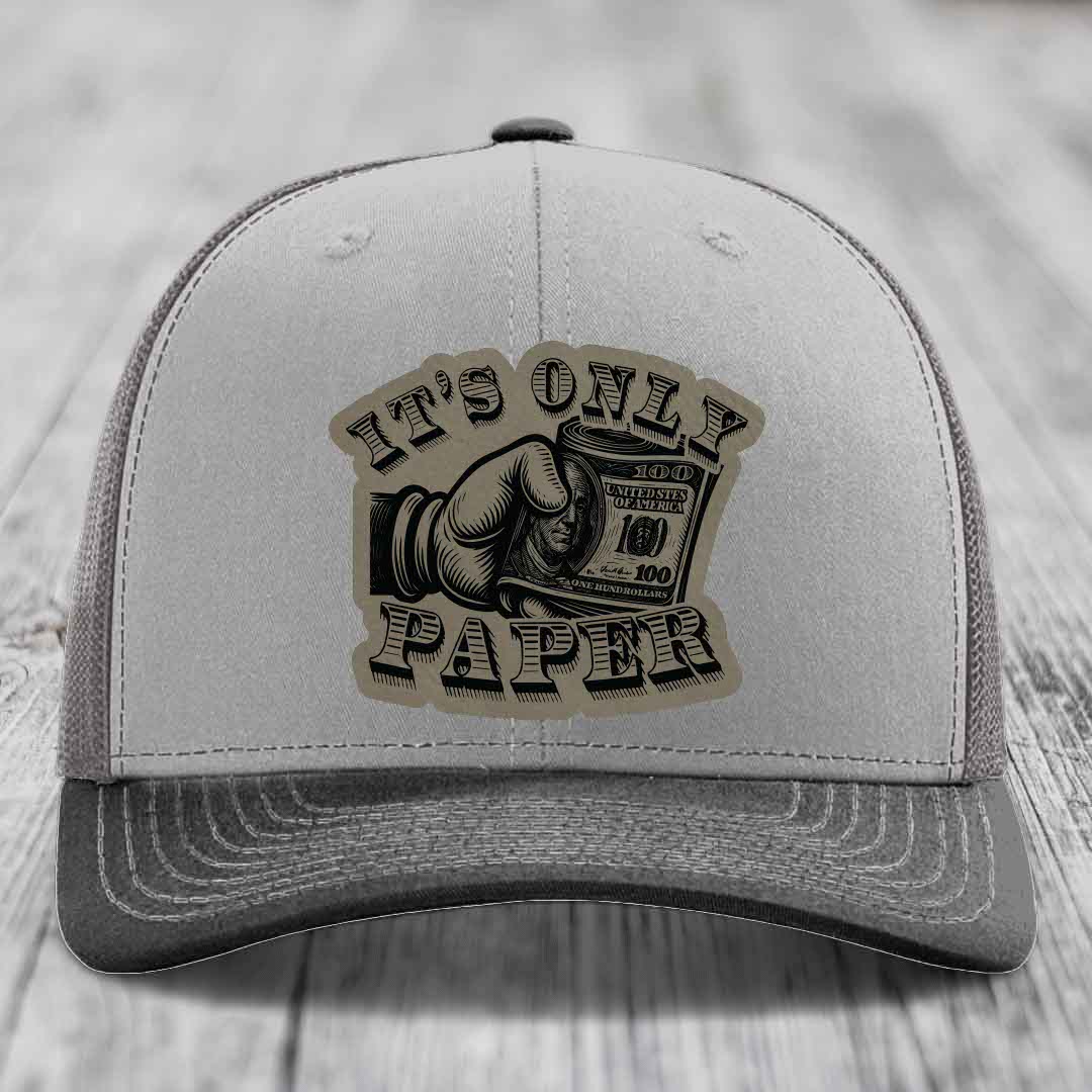 Its Only Paper - Leather Patch Hat - Light Brown to Black Patch - Richardson 112 Snapback Trucker Hat