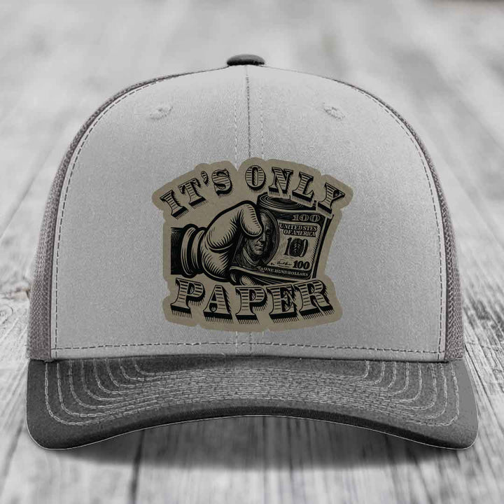 Its Only Paper - Leather Patch Hat - Light Brown to Black Patch - Richardson 112 Snapback Trucker Hat
