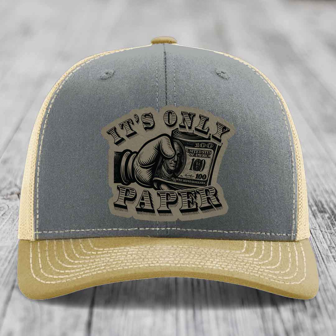 Its Only Paper - Leather Patch Hat - Light Brown to Black Patch - Richardson 112 Snapback Trucker Hat