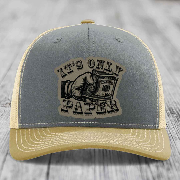 Its Only Paper - Leather Patch Hat - Light Brown to Black Patch - Richardson 112 Snapback Trucker Hat