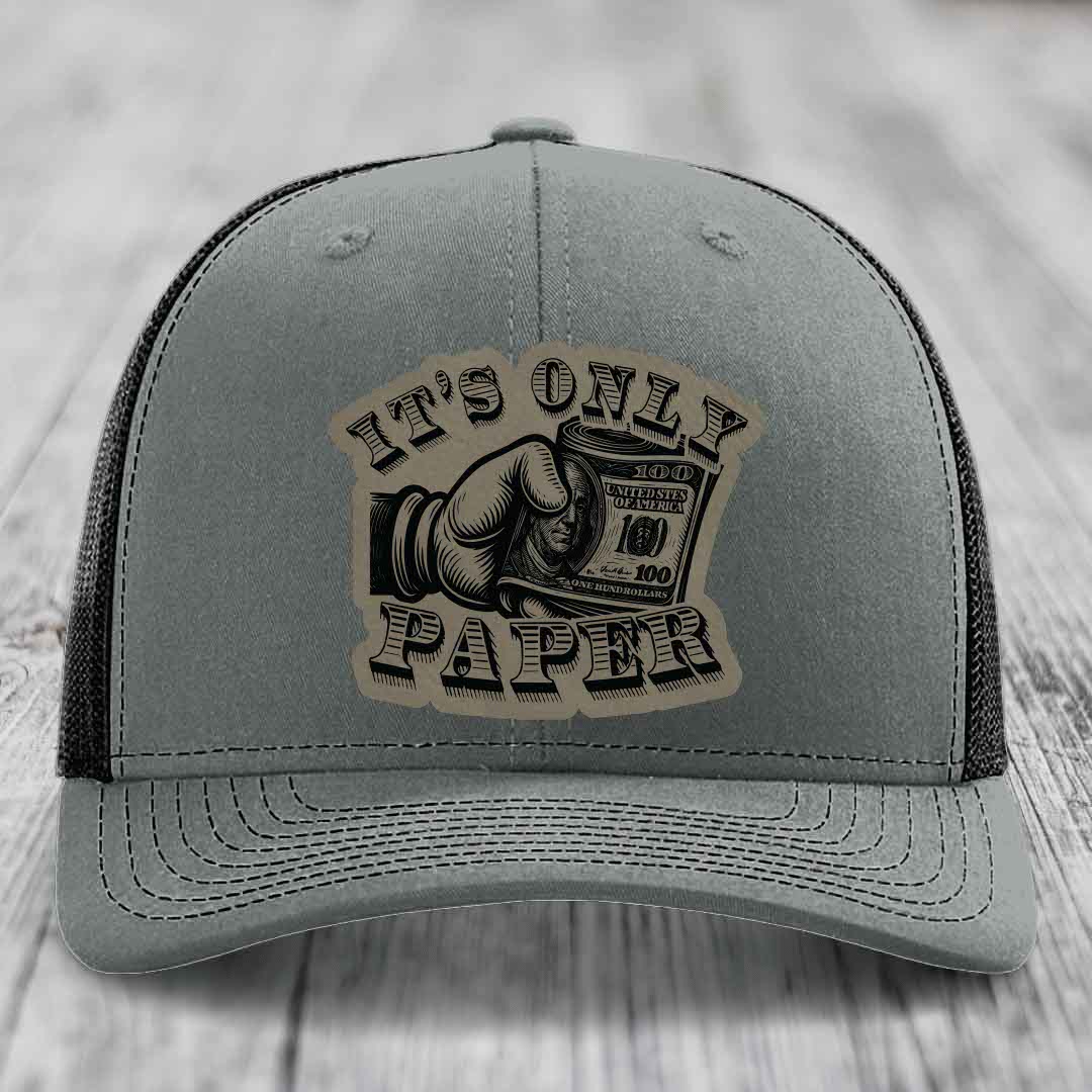 Its Only Paper - Leather Patch Hat - Light Brown to Black Patch - Richardson 112 Snapback Trucker Hat