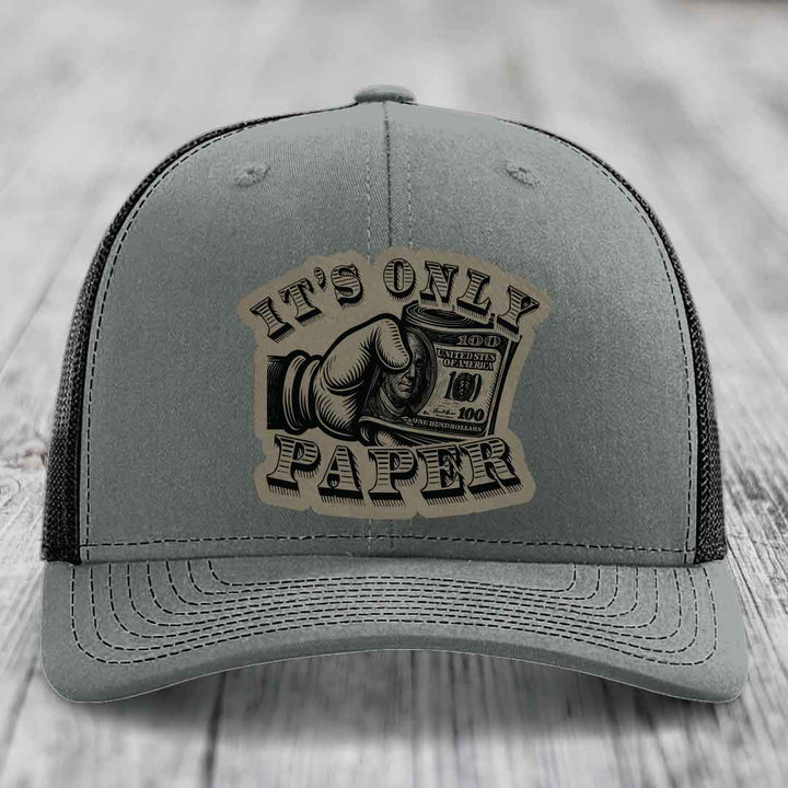 Its Only Paper - Leather Patch Hat - Light Brown to Black Patch - Richardson 112 Snapback Trucker Hat