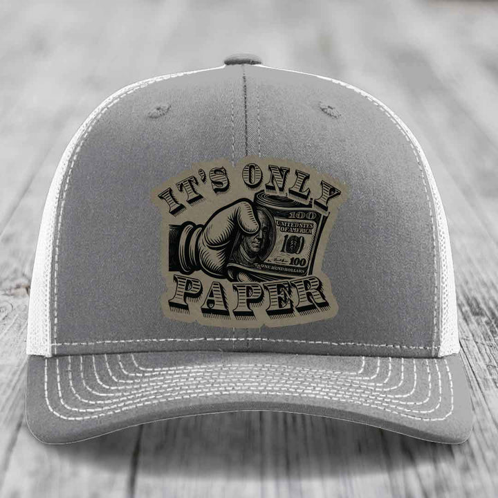 Its Only Paper - Leather Patch Hat - Light Brown to Black Patch - Richardson 112 Snapback Trucker Hat