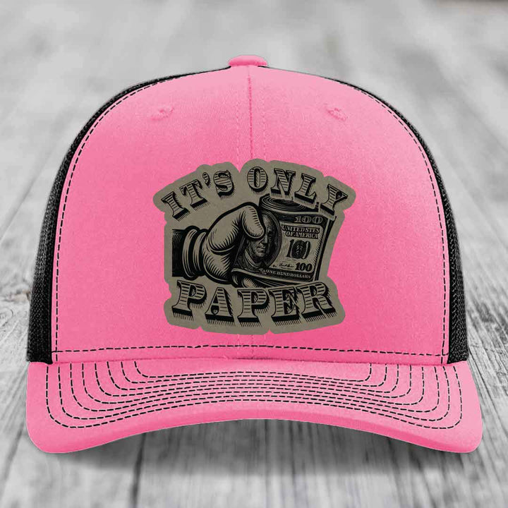 Its Only Paper - Leather Patch Hat - Light Brown to Black Patch - Richardson 112 Snapback Trucker Hat