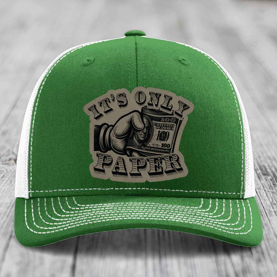 Its Only Paper - Leather Patch Hat - Light Brown to Black Patch - Richardson 112 Snapback Trucker Hat