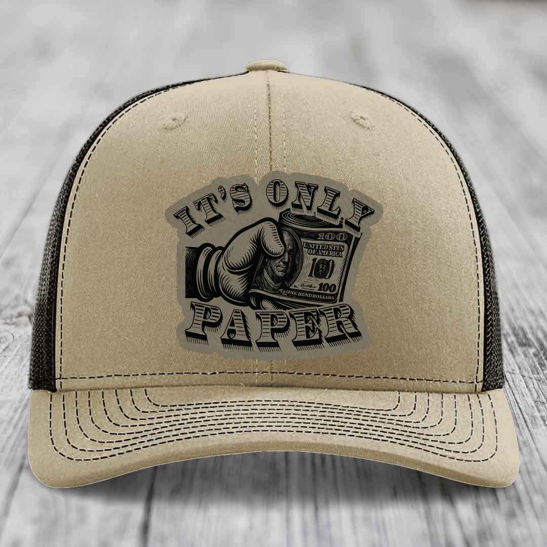 Its Only Paper - Leather Patch Hat - Light Brown to Black Patch - Richardson 112 Snapback Trucker Hat