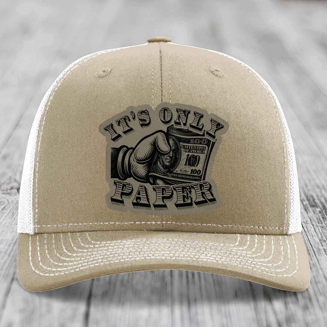 Its Only Paper - Leather Patch Hat - Light Brown to Black Patch - Richardson 112 Snapback Trucker Hat